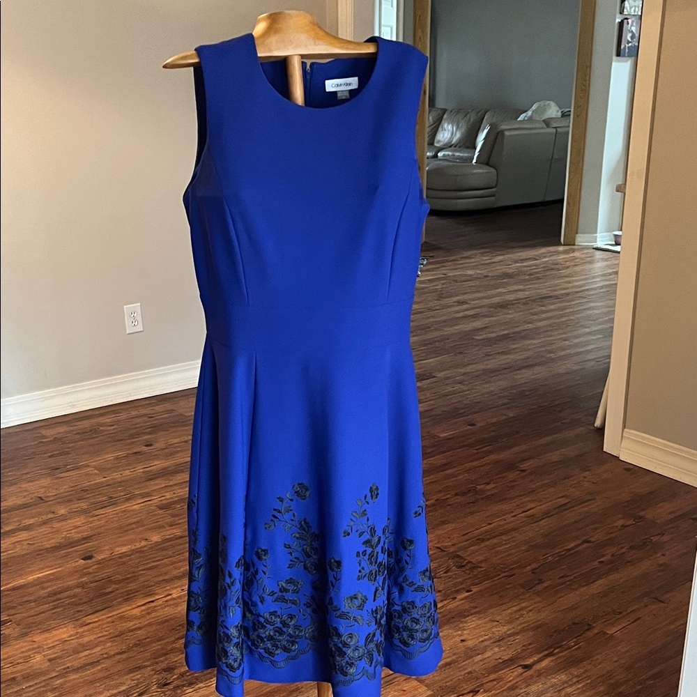 Calvin Klein Royal Blue Midi Dress with Black Floral Accents